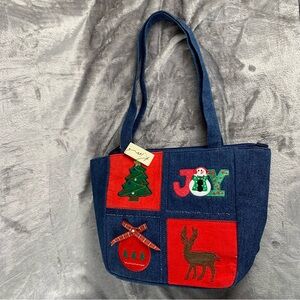 Kim Rogers Denim Tote Bag Christmas Themed Applique Embroidered New With Tag Vtg